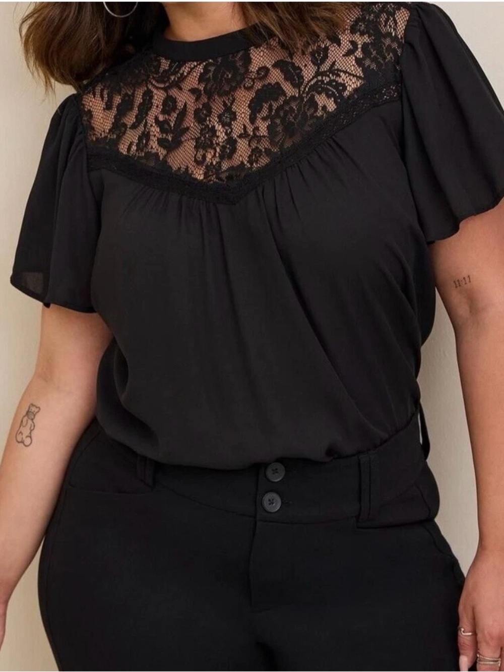 Torrid Black Lace Yoke Flutter Sleeve Top